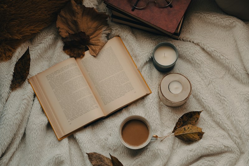 An open book beside mugs on a textured blanket.